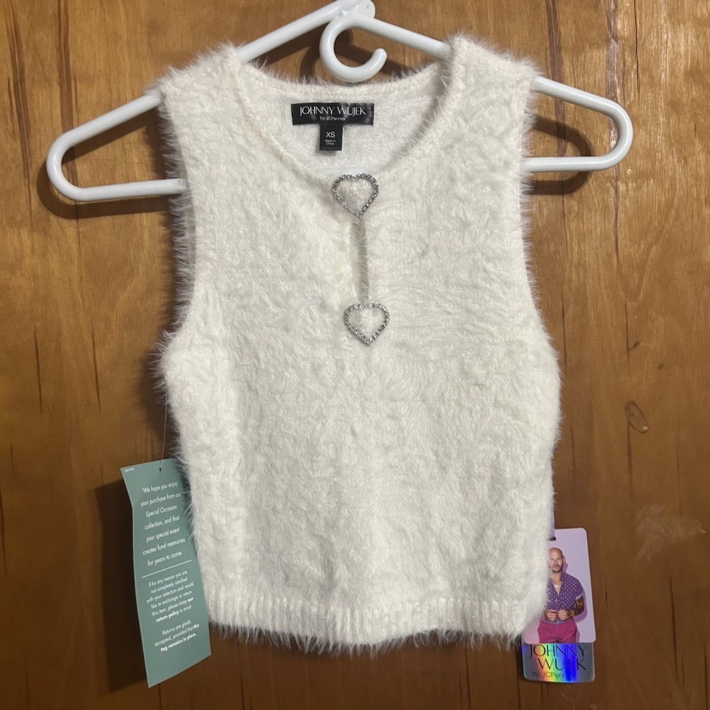 Johnny Wujek + J.C. Penny Women XS Cream Faux Mohair Rhinestone Accents New